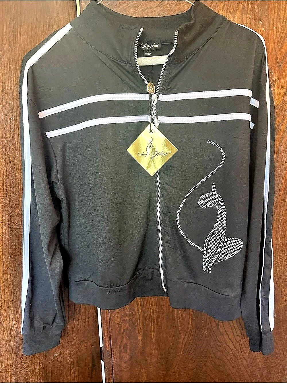 Baby Phat Rhinestone Cat Track Jacket Black & White w/ Silver Zip Up Size S NWT